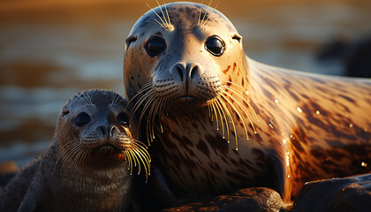 Cute seal looking at camera, wet fur, playful underwater generated by AI