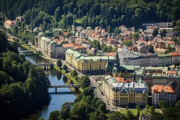 Fototapeta na wymiar Aerial View of Karlovy Vary: Explore the Breathtaking Beauty of This Czech Republic Spa City with Canals and Stunning Architecture