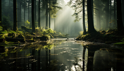 A tranquil scene of a wet forest reflects the beauty generated by AI