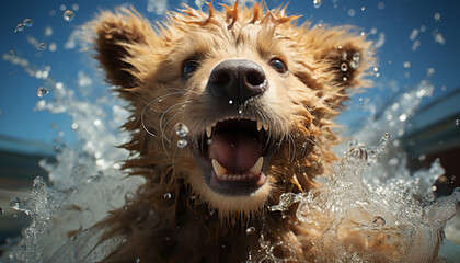 A cute wet dog playing in water, splashing and smiling generated by AI