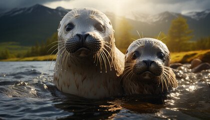 Cute seal family enjoys tranquil summer, playful in arctic waters generated by AI