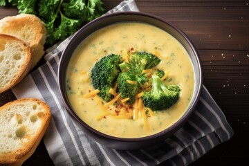 Healthy Broccoli Cheese Soup in a Bowl with Toast. Creamy Vegetable Soup with Cheddar for a Nutritious Lunch