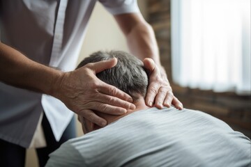 Male Receiving Chiropractic Back Adjustment. Alternative Pain Relief and Health Care Concept in Dorsal Area. Osteopathy, Healing, and Sport Injury Rehabilitation