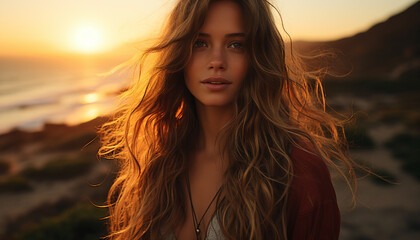 Young woman with long brown hair looking at camera, enjoying sunset generated by AI