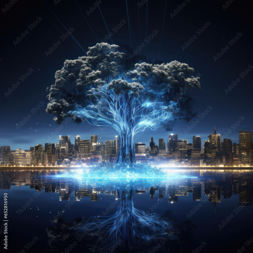 Wall mural tree digital technology. blue glowing particles background. structure for connecting light