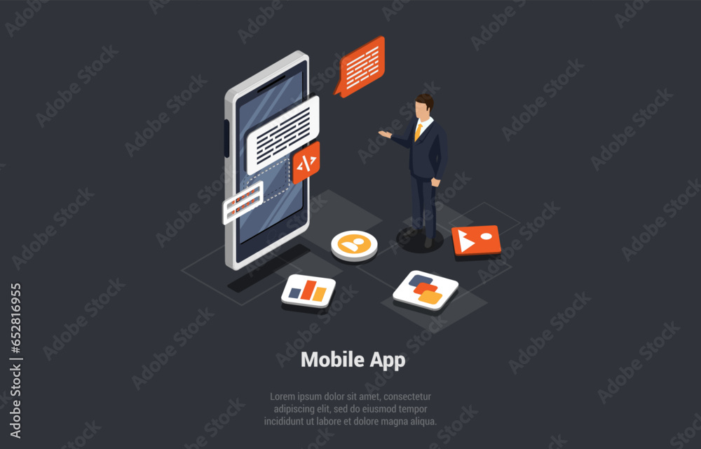 Poster process of mobile application development and presentation. analysis trends and software development
