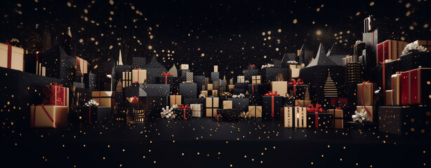 3d illustration with gift boxes and christmas lights on black background - obrazy, fototapety, plakaty
