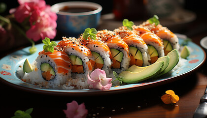 Freshness on a plate seafood, sashimi, maki sushi, avocado, vegetable generated by AI
