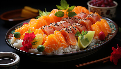 Freshness on a plate seafood, sashimi, maki sushi, healthy eating generated by AI