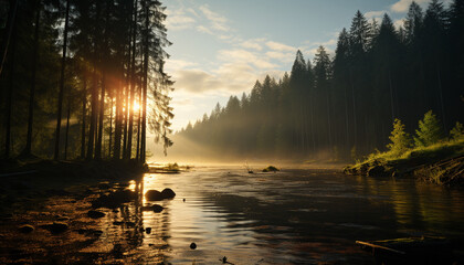 Tranquil scene nature beauty reflected in sunset over forest generated by AI