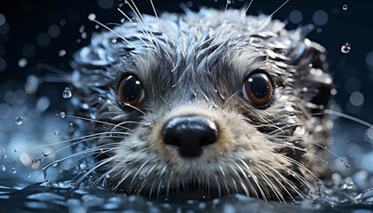 Cute small dog, wet fur, looking, portrait, animal head, puppy generated by AI