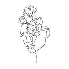 Woman Face with Flowers Line Art Vector Drawing. Style Template with Female Head with Flowers. Modern Minimalist Simple Linear Style. Beauty Fashion Design 