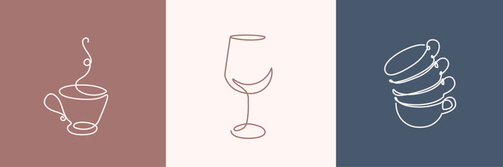 Continuous Line Drawing of Tea or Coffee Cups and  Wine Glass Trendy Minimalist Illustration. Cup and Glass Set One Line Abstract Drawing. Minimalist Contour Drawing for Cafe Design. Vector EPS 10. 