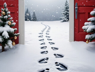 A Red Door With A Christmas Tree And Footprints