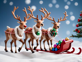 Obraz na płótnie Canvas Three Reindeers With Christmas Decorations On A Snowy Background
