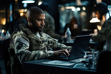 Portrait of a young military man using a laptop - obrazy, fototapety, plakaty