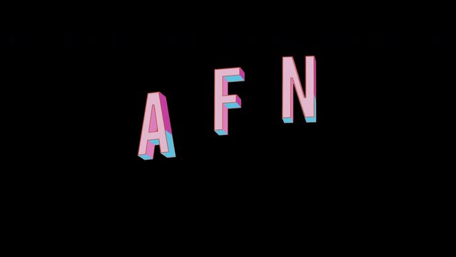 Bright letters jump merrily in the inscription AFN ISO code currency. Retro. Alpha channel black. Looped from frame 120 to 240, Alpha BW at the end