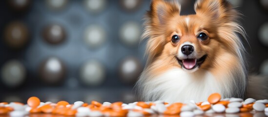 Blur pomeranian dog sitting on isolated white background captured alongside white and orange pills and tablets symbolizing veterinary medicine s role in pet health care