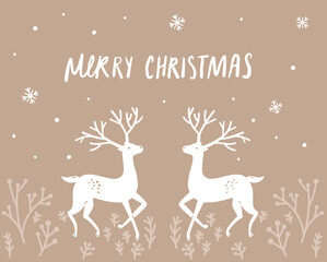 Folk art deers Christmas card on brown kraft paper, winter holidays design