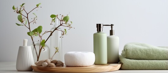 Fototapeta na wymiar Contemporary bathroom accessories in light green shade eucalyptus hue Eco friendly towels minimalist vase oak stump with sensor dispenser