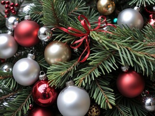 Obraz na płótnie Canvas Christmas Tree With Red And Silver Ornaments