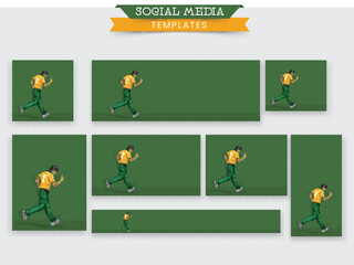Social Media Template Layout Set With South Africa Cricket Bowler Player On Green Background And Copy Space.