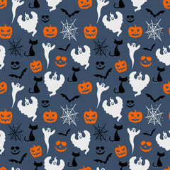 Halloween seamless pattern background illustration with ghosts cats bats pumpkins and spiderwebs