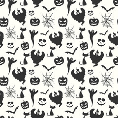 Black and white seamless halloween pattern background with ghosts cats bats pumpkins and spiderwebs