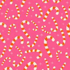 Christmas candy cane on a pink background, seamless pattern. Vector illustration. New Year