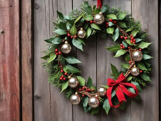 Christmas Wreath On A Wooden Background
