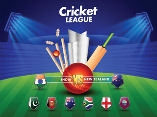 Cricket Match Schedule Between India VS New Zealand With Other Participant Countries Flag Shield, 3D Tournament Equipment And Silver Trophy Cup On Shiny Stadium Background.