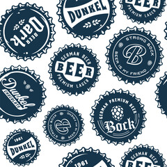 Beer cap vector monochrome seamless pattern with metal cork for decor of bar, pub or brewery shop. Vintage old retro background for brew or craft beer