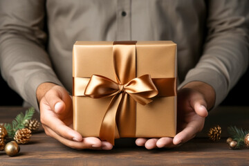Man holding beautiful gift box at wooden table, closeup. Christmas celebration. 