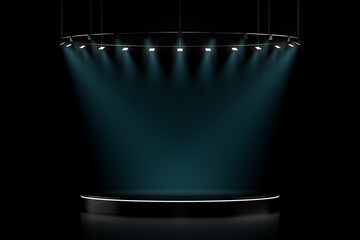 3d presentation scene pedestal illuminated by ray of spot light. 3d rendering of mockup of presentation podium for display or advertising purposes