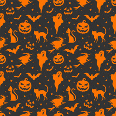 Halloween seamless pattern with orange halloween elements on dark background