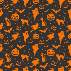 Halloween seamless pattern with orange halloween elements on dark background