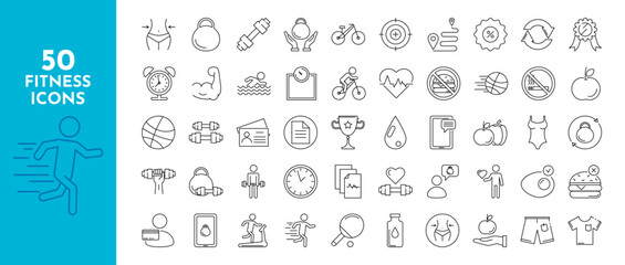Fototapeta na wymiar Fitness line icons set. Healthy food, workout, running, kettlebell, weight loss, sports, heartbeat, pulse, scales, goal, bike, swimming, barbell. Vector stock illustration.