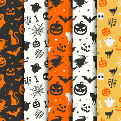 Halloween seamless patterns collection with ghosts cats pumpkins and witch