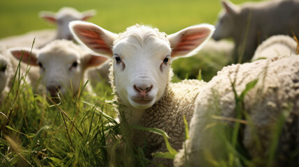 Livestock in Nature: Closeup of Lambs Enjoying Their Natural Habitat in the Open Green Field