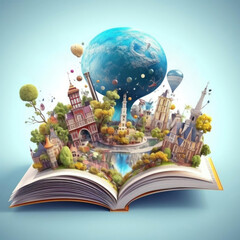 Fantasy open magic book concept with green landscape on a book. - 652823116