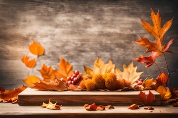 Naklejka na ściany i meble autumn leaves on a table generated by AI technology