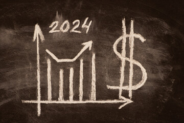 Assumption, the forecast for the growth of the US dollar in 2024 drawn on the board with chalk.