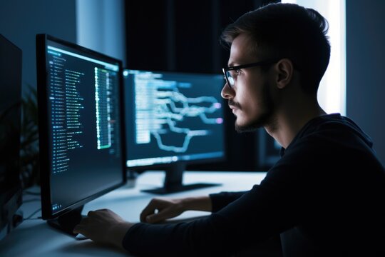 Young guy with glasses programming at the computer
