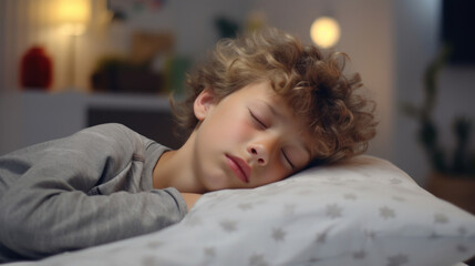 Obraz na płótnie Canvas The boy sleeps in a bed with the lights dimmed.