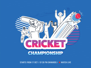 Sticker Style Cricket Player Team And Ball Hitting Wicket Stumps On Blue Background For Championship Concept.