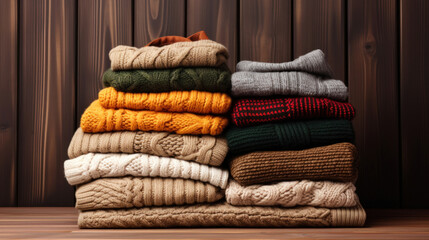 Fototapeta na wymiar Stack of warm sweaters on a wooden table