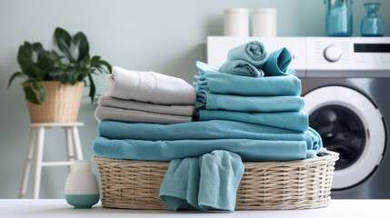 Stack of towels against the background of a washing machine