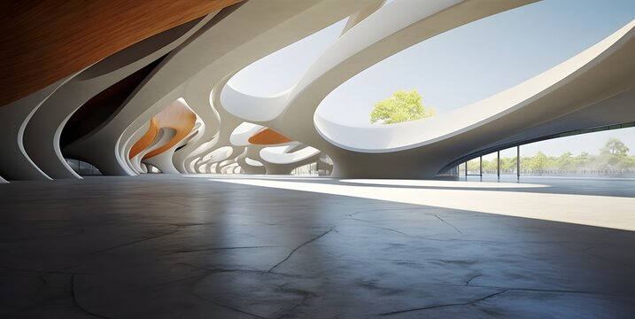 futuristic concrete architecture with car park, empty cement floor.