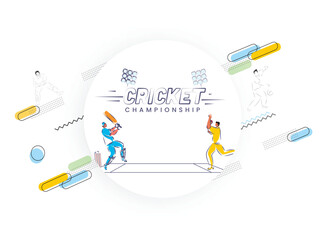 Doodle Style Illustration Of Batsman And Bowler Player In Playing Pose On White Abstract Background For Cricket Championship.