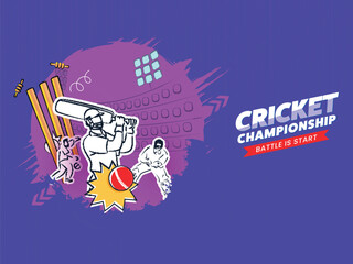 Cricket Championship Concept With Sticker Style Cricketer Player And Pink Brush Effect On Violet Background.